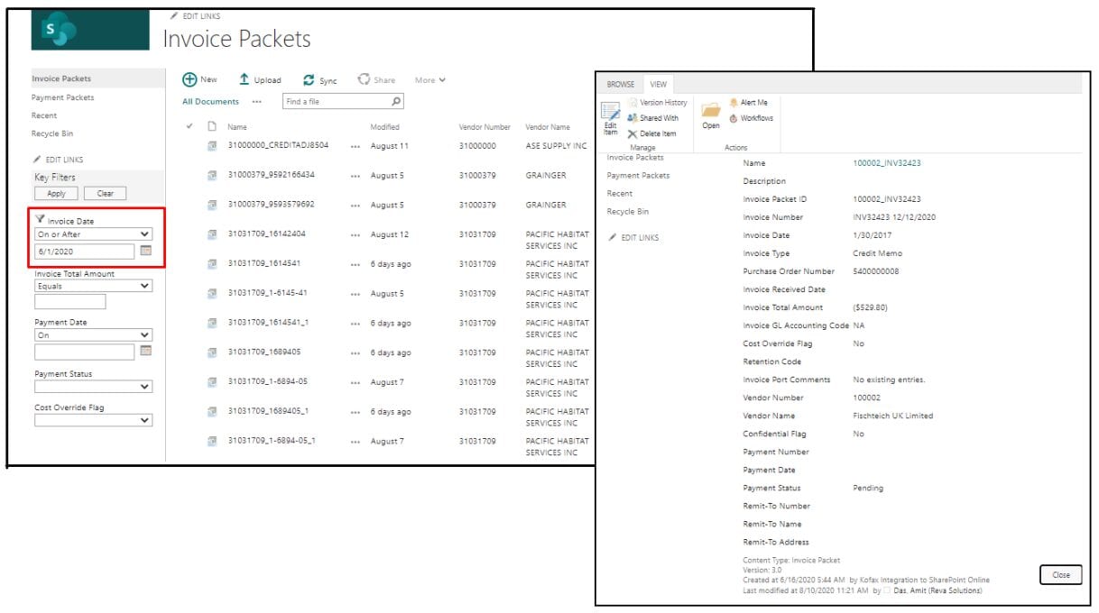 Invoice Packets (Invoice image and supporting documents) with Key Metadata