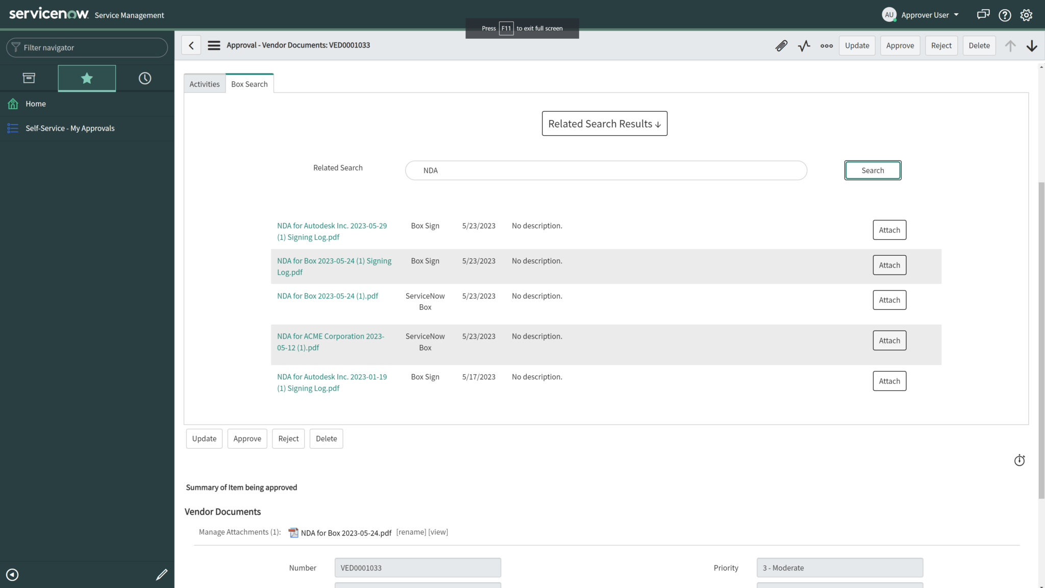 Box Search in approval process